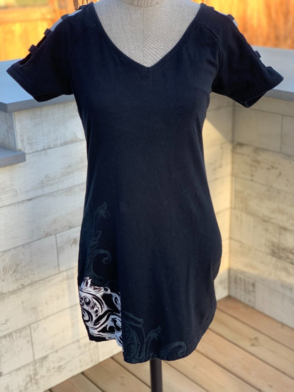Metal Mulisha Mini Shirt Dress Black Stretch Short V-Neck Y2K Moto Goth Bodycon